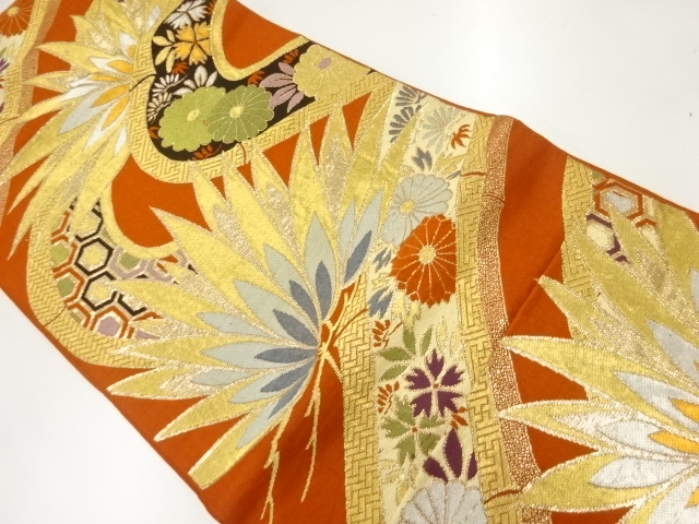 JAPANESE KIMONO / ANTIQUE FUKURO OBI / SILK / WOVEN STREAM & FLOWER